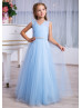 V Neck Blue Ruched Tulle Keyhole Back Long Flower Girl Dress